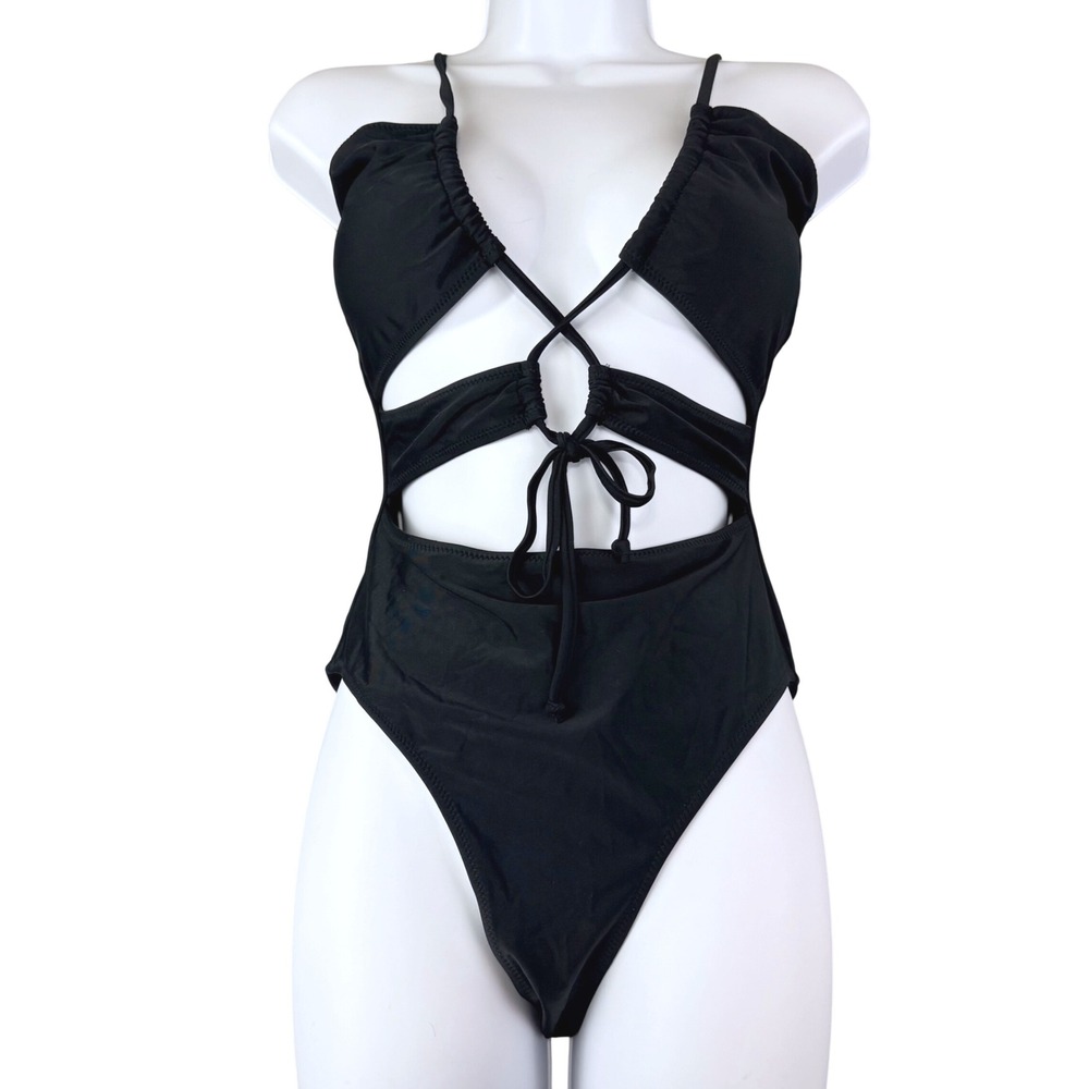 BMJL Womens S Black One Piece Swimsuit Cutout Tie‎ Front Monokini Strappy Edgy